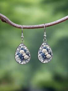 1 Pair Dark Vintage Rose Pattern With 316 Stainless Steel Water Drop Ear Hooks, Suitable For Women's Daily Wear - Blue - View 8