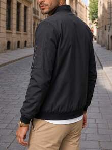 Men's Casual Baseball Collar Jacket, Black Lightweight Zip-Up Cardigan, Suitable For Spring/Autumn, Daily/Commute/Outdoor Wear - Black - View 5