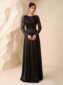 Gaun Maxi Satin Hitam Elegan dengan Leher Bulat, Lengan Panjang, dan Patchwork Renda Bunga - Hitam - View 3