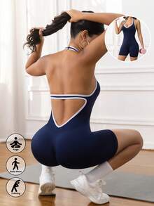 1pc Women's Colorblock Casual Sports Jumpsuit, Open Back Design, Suitable For Daily Wear, Sports And Yoga - Blue - View 1