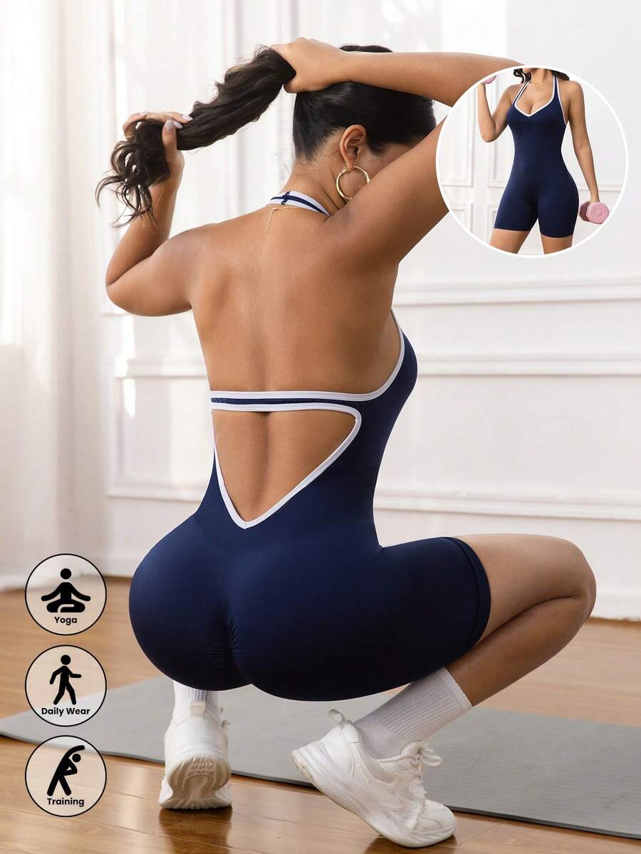 1pc Women's Colorblock Casual Sports Jumpsuit, Open Back Design, Suitable For Daily Wear, Sports And Yoga - Blue - View 1