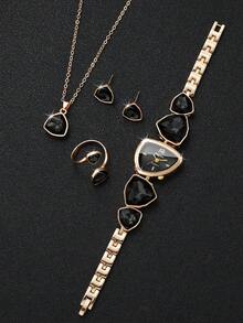 Women's Classic Fashion Gemstone Inlaid Triangle Number Dial Bracelet Quartz Watch + Jewelry Set (5pcs/Set) Watch Box Not Included - Black - View 4
