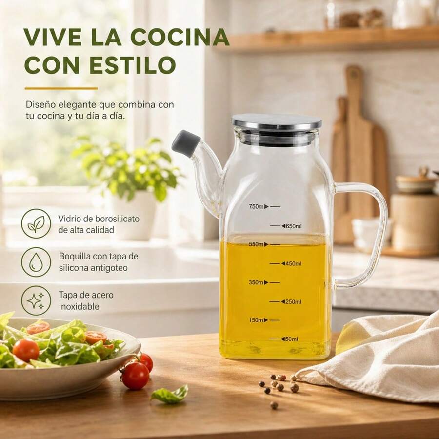 750ml Borosilicate Glass Oil Dispenser With Stainless Steel Lid, Anti-Drip Spout With Silicone Cap And Measurement Scale, 19cm Height - Clear - View 1