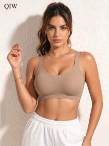 1pc Women's Earth Tone Backless Light Sports Bra, Wide Strap, Wire-Free, Removable Padding - Camel - View 3