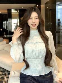 French Style Round Neck Chiffon Long Sleeve Blouse Women Spring Autumn Sweet Elegant Ruched Waist Top - Green - View 2