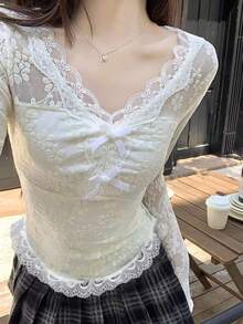 Sexy Style Lace Hollow Patchwork Bow T-Shirt Women Autumn/Winter Inner Layer Base Top Sexy Girl - Apricot - View 1