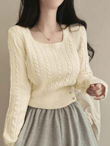 Korean Style Casual Autumn/Winter Cable Knit Sweater Single-Breasted Square Neck Solid Color Base Layer Top For Women - Milky White - View 2