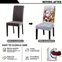 1/2/4/6/8/36Pcs Christmas Chair Covers, Print With Santa Claus Hugging Reindeer, Snow‑Dusted Xmas Tree, Gift Boxes And "Merry Christmas" Lettering, Elastic Washable Dining Chair Slipcovers For Home Hotel Xmas Party Gift - Multicolor - View 8