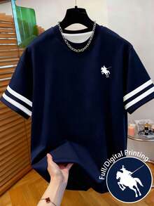 Resyla - Camiseta de Verano Nueva Estilo Americano Vintage, Cuello Redondo, Corte Regular, Talla Grande, Manga Corta, Casual y Versátil para Hombre - Azul - Ver 1