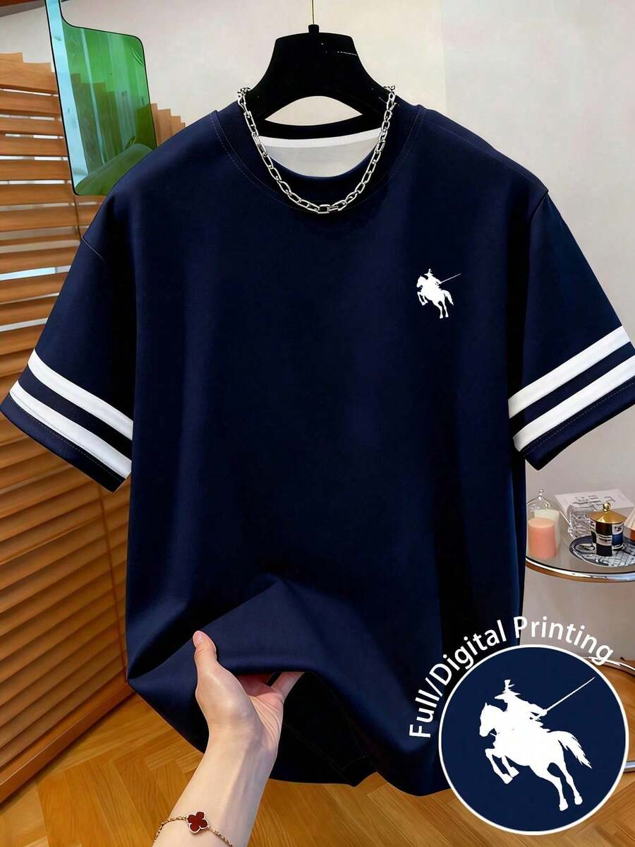 Resyla - Camiseta de Verano Nueva Estilo Americano Vintage, Cuello Redondo, Corte Regular, Talla Grande, Manga Corta, Casual y Versátil para Hombre - Azul - Ver 1