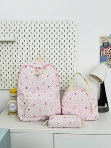 3件套波點與花卉圖案女款背包組，大容量尼龍學生書包，附便當袋與鉛筆袋，多口袋休閒背包，適合大學生/畢業生/年輕人，適用返校/日常使用/購物/短途旅行與戶外休閒活動 - 粉色 - 查看 12