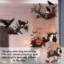1/2pcs Dark Gothic Raven Skull Halloween Window Sticker, Double-Sided Visible PVC Electrostatic Adsorption Glass Sticker, Suitable For Bars, Cafes, Shops, And Home Decoration. - Multicolor - View 5