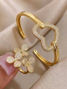 Hollow Heart Zirconia Cuff Bangle&Flower Diamond Open Ring Jewellery Set,Women Golden Jewelry Combo,Holiday Essentials Romantic Dating Party Accessories - Multicolor - View 1