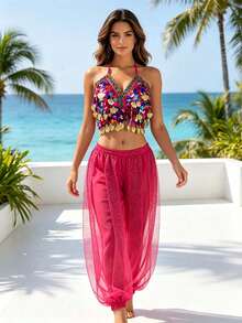 Belly Dance V Neck Colorful Sequin Tassel Crop Top Gold Dotted Mesh Harem Jogger Pants Exotic Dance Performance Costume - Multicolor - View 3