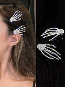 12pcs/Set Women's Skull Claw Hair Clips, Rhinestone Trim Side Clips, Sweet & Cool Style, Metal Material, Fashion Hair Accessories For Back To School And Party Outfits - Multicolor - View 2
