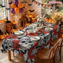 1/2件裝萬聖節桌布，深色哥德式骷髏與紅玫瑰圖案聚酯纖維布料，適用於餐廳、廚房、咖啡桌、野餐、露營、鄉村農舍裝飾與萬聖節節慶布置，桌面保護與藝術裝飾 - 彩色 - 查看 4