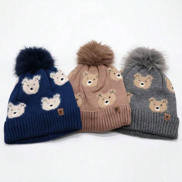 1pc Cute Bear Pom Pom Knitted Hat, Thermal Lined Thick Warm Woolen Cap For Kids, Autumn/Winter