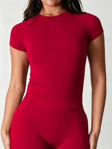 Women's Short Sleeve Sports Top, Running Fitness T-Shirt, Summer Short Sleeve Crew Neck Elastic Fitness Yoga Top, Red - Red - View 11