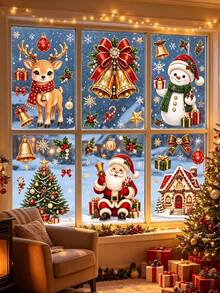 57pcs/6sheets Christmas Window Clings, Xmas Snowman Santa Claus Reindeer Snowflakes Tree, For Holiday Party Home Office Classroom Window Decals Decorations, Winter Silhouette Indoor Decor For Glass - Multicolor - View 2