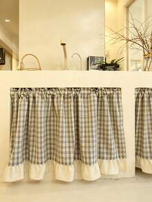 1pc American Style Half Curtain Deep Blue Line Plaid Ruffle Edge Vintage Country Door Curtain Short Kitchen Curtain - Multicolor - View 4