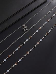 2pcs/Set Fashionable Personalized Multi-Layer Stackable Star Y-Shaped Necklace For Men, Vintage Silver Contrast Color Oil Drop Bead Chain, Niche Personalized Collarbone Chain Accessory - White K - View 7