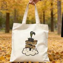 1 pieza, bolso de mano de lona estampado clásico de , con diseño vintage de cabeza de pájaro pintada, paraguas y nubes, eslogan en inglés, elegante bolso de gran capacidad, bolsa - A - Ver 3