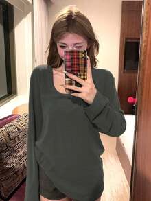 Solid Color Versatile Long Sleeve T-Shirt Women's Autumn Slimming Inner Layer Round Neck Casual Relaxed Base Layer Top - Grey - View 3