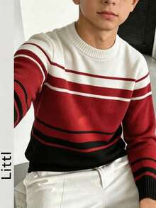 Kids Boys Contrast Striped Knit Pullover Long Sleeve Crew Neck Casual Sweater For Autumn Winter Daily Outfit - White - View 1