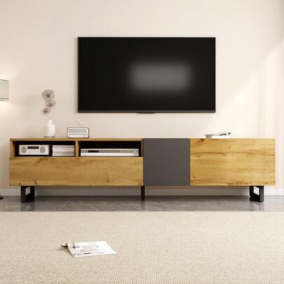 Colorblock-TV-Schrank, Einfaches Kontrastfarbdesign, Drei Türen Und Zwei Fächer, U-Förmige Metallbeine, Retro-Holzmaserung