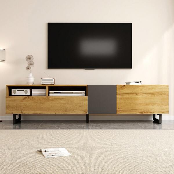 Colorblock-TV-Schrank, Einfaches Kontrastfarbdesign, Drei Türen Und Zwei Fächer, U-Förmige Metallbeine, Retro-Holzmaserung