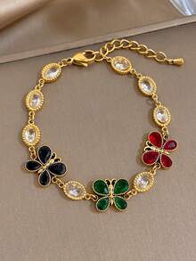 Luxury Vintage Colorful Butterfly Zirconia Diamond Stainless Steel Bracelet For Women,Delicate Gold Jewelry,Party,Daily,Christmas,Birthday/Halloween - Multicolor - View 2