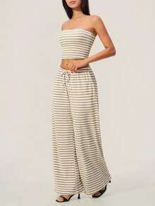 TimeOff Women's One Set Striped Strapless Bandeau Tank Top With Drawstring Waist And Side Pockets Wide Leg Pants 2 Pieces Set - Khaki - View 8