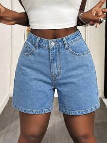 Women's Solid Color Bermuda Denim Shorts Casual Summer - Medium Wash - View 8