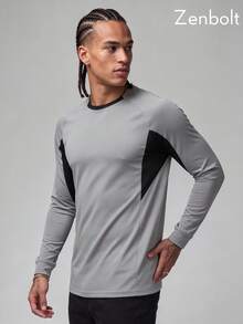Zenbolt Men's Colorblock Raglan Sleeve Slim Fit Sports T-Shirt, Long Sleeve Crew Neck Workout Athletic Top,For Training Outdoor Sports Wear - Light Grey - View 3