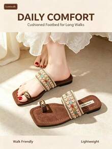 Women's Fashion Square Toe Flat Slide Sandals For Vacation, Outdoor And Indoor - Multicolor - View 2