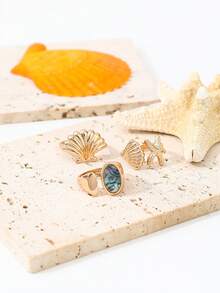 3PCS Ocean Style Shell & Starfish Rings, Vintage Abalone Shell Stackable Rings, Beach Vacation Vibe Metal Ring Set For Women (Random Abalone Shell Texture) - Gold - View 4