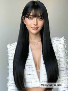 Wig Panjang Lurus Hitam 28 Inci dengan Poni untuk Wanita, Rambut Bervolume, Terurai Alami, Elegan dan Serbaguna, Cocok untuk Pemakaian Sehari-hari Wanita dan Berbagai Pesta serta Cosplay Halloween - hitam - View 5