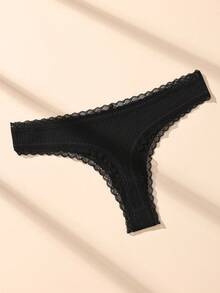 12 piezas de tangas negras con lazo, encaje y patchwork, sexys, de algodón acanalado, suaves y cómodas para mujer - Negro - Ver 4
