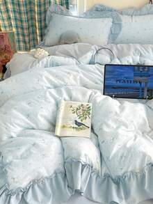 Blue Small Floral Ruffle Trim 4-Piece Bedding Set, French Country Style Bedding Set, Breathable Soft All-Season Bedding Set, Includes 1 Duvet Cover, 1 Bed Sheet, 2 Pillowcases, No Filling, Suitable For Bedroom, Dorm, Home Use, Multiple Size Options, Back To School Dorm Decor, College Decor - Blue - View 2