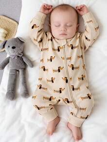 1pc Newborn Baby Boy Cute Dog Print Zipper Front Long Sleeve Jumpsuit, Suitable For 0-9 Months Daily Wear - Apricot - View 1