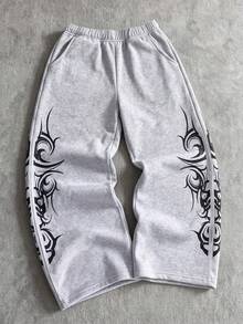 Lurzo Celana Panjang Lurus Longgar Gaya Streetwear Y2K untuk Anak Laki-Laki, Motif Totem Vintage + Desain Saku, Celana Panjang Lurus Gaya Jalanan yang Dipersonalisasi - Grey - View 2