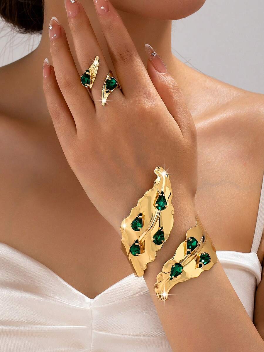 2pcs/Set Fashionable Luxurious Old Money Style Metal Spiral Round Ring Inlaid With Green Gemstone Suitable For Women's Daily Wear, Party, Gathering Bracelet And Ring Set - Golden - View 1