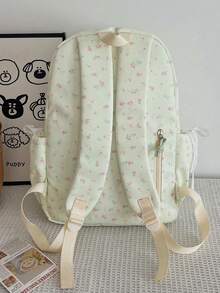 Set de 3 mochilas de nylon estilo crema con lazo de encaje y estampado de estrellas, plegables, de gran capacidad, con múltiples bolsillos y cremallera, adecuadas para adolescentes - Verde claro - Ver 6