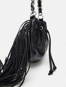 1pc Minimalist Shoulder Bag Featuring A Textured Finish And Black Tassel Detail; A Versatile Choice For Commuting That Works As A Crossbody, Handbag, Or Retro-Style Underarm Bag-Perfect For Pairing With Shirts, T-Shirts, Suits, Or Trench Coats. - Black - View 4