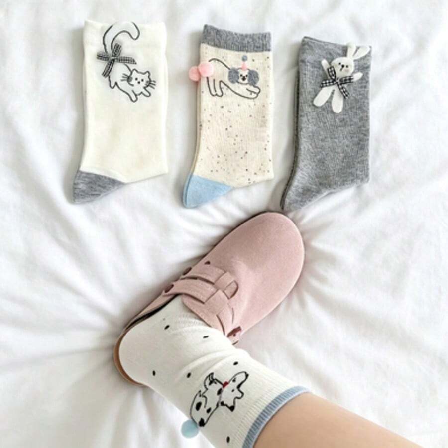 4 Pairs Cute Animal Print Mid-Calf Leg Warmers With Bow Decor Casual Women's Leg Warmers Set - A - View 1