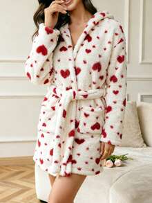 Women's Coral Fleece Nightgown, Winter Thermal Lined Thickened Pajamas, Mid-Length Wearable Heart Pattern Flannel Robe Bathrobe - White - View 2