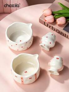 choxila 1 Set/2pcs Korean Ins Style Cute Ceramic Matcha Bowl And Tea Whisk Holder Set, Handmade Shaped With Hand-Painted Asymmetrical Design, Handmade Tilted Bowl - Pink Matcha Bowl Two-piece Set - View 9