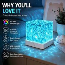 USB Powered Rainbow Aurora Water Ripple Projection Smart Light, Smart Rotating Multicolor Lighting Effect, Touch-Sensitive Color-Changing Ice Crystal Cube Ambient Lamp, Bedroom Bedside Desktop Decorative Night Light - Square Water Ripple - View 3