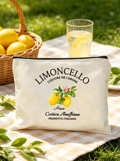 Vintage Lemon Print Travel Makeup Bag, Wine And Letter Print Women's Zipper Makeup Bag, Multi-Color Portable Travel Toiletry Bag, Casual Zipper Clutch, Multi-Functional Storage Bag, Can Store Cosmetics, Pens, Keys And Small Daily Items, Fashionable Italian Style Storage Bag, Gift For Girls, Women, Friends, Best Friends, Travel Enthusiasts, Suitable For Outdoor Travel, Summer Beach Vacation, Camping, Daily Commute, Office Use, Back To School Season, Teacher's Day, Birthday, Holiday, Friendship Gift