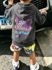 Little Boys Front & Back Graphic Print Hooded Sweatshirt, Long Sleeve Colorful Fish Letter Print Casual Fall Hoodie - Dark Grey - View 1